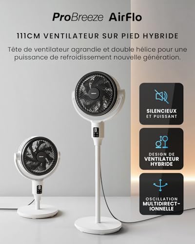 Pro Breeze Ventilateur AirFlo XL sur pied - Puissant - Silencieux -adapté aux Familles - Parfaite pour la Chaleur Estiva